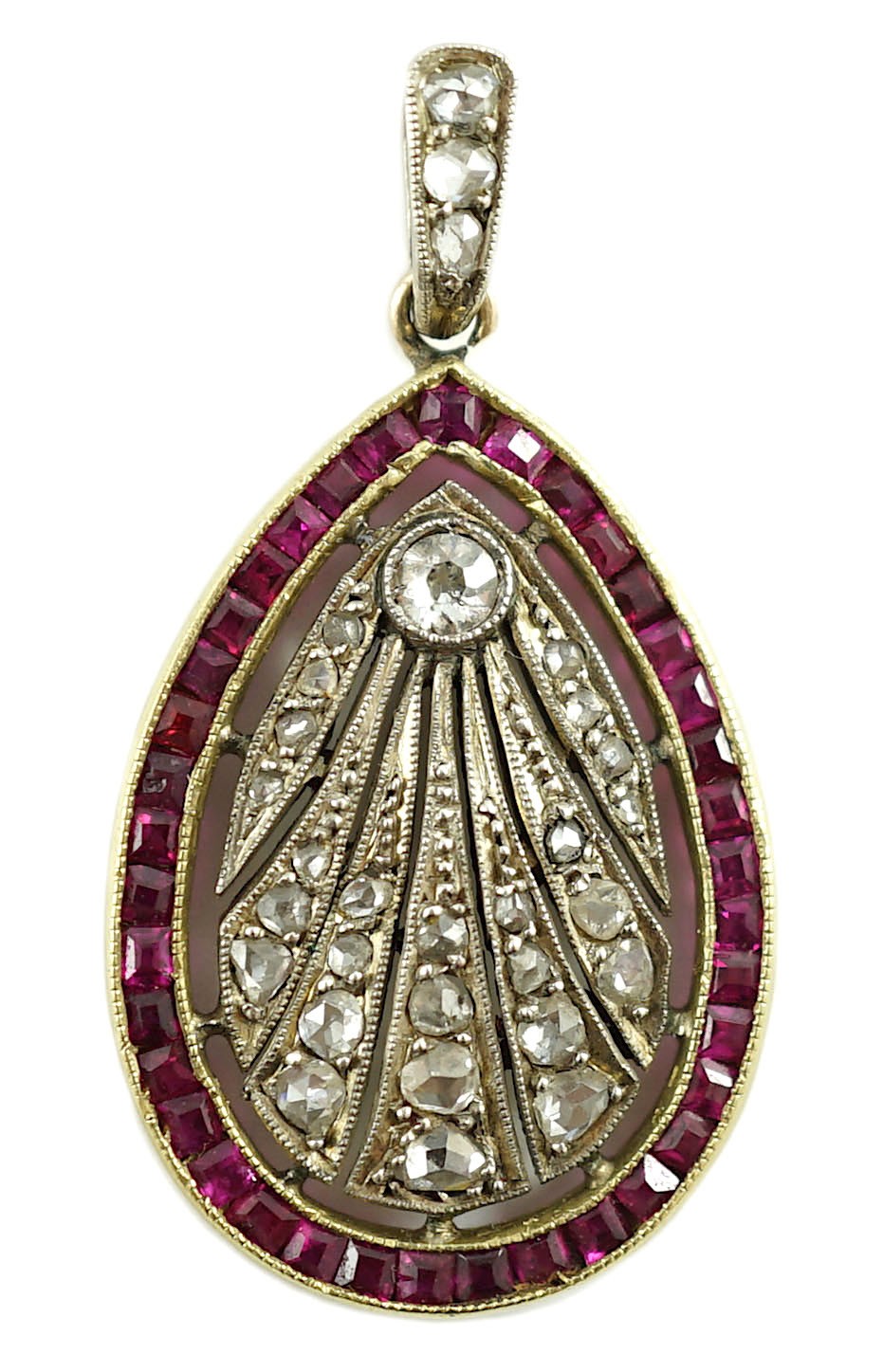 A 1920's pierced gold and platinum, millegrain set ruby and diamond oval pendant